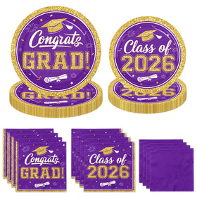 Gexlaju 9-inch purple graduation plates for a bold Class of 2026 table.