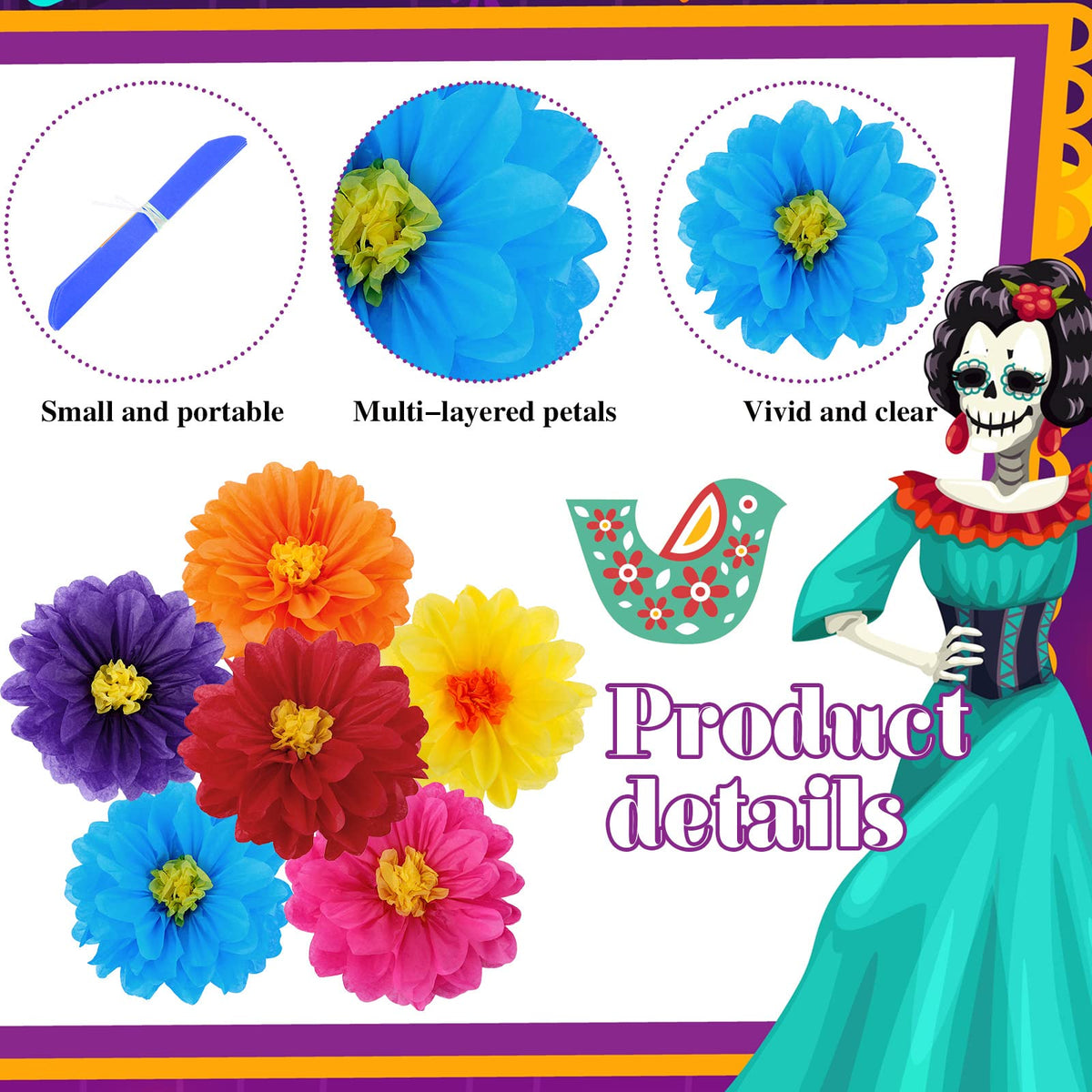 Geyee wall backdrop decor featuring vibrant Mexican paper flowers