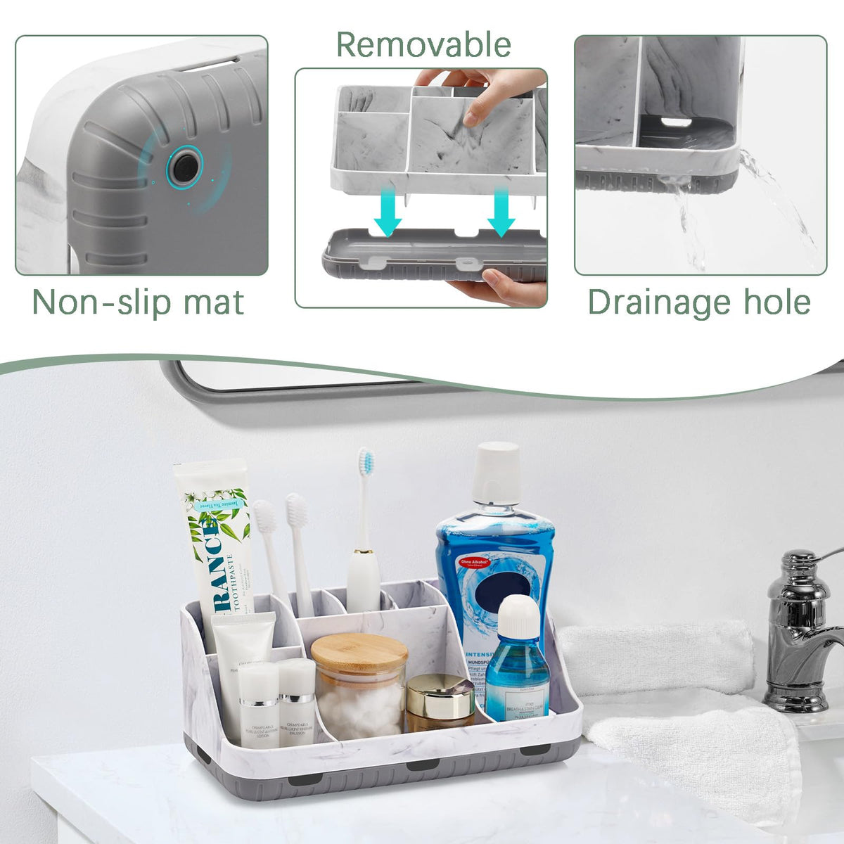 Anti-slip rubber pads prevent sliding on countertops during use