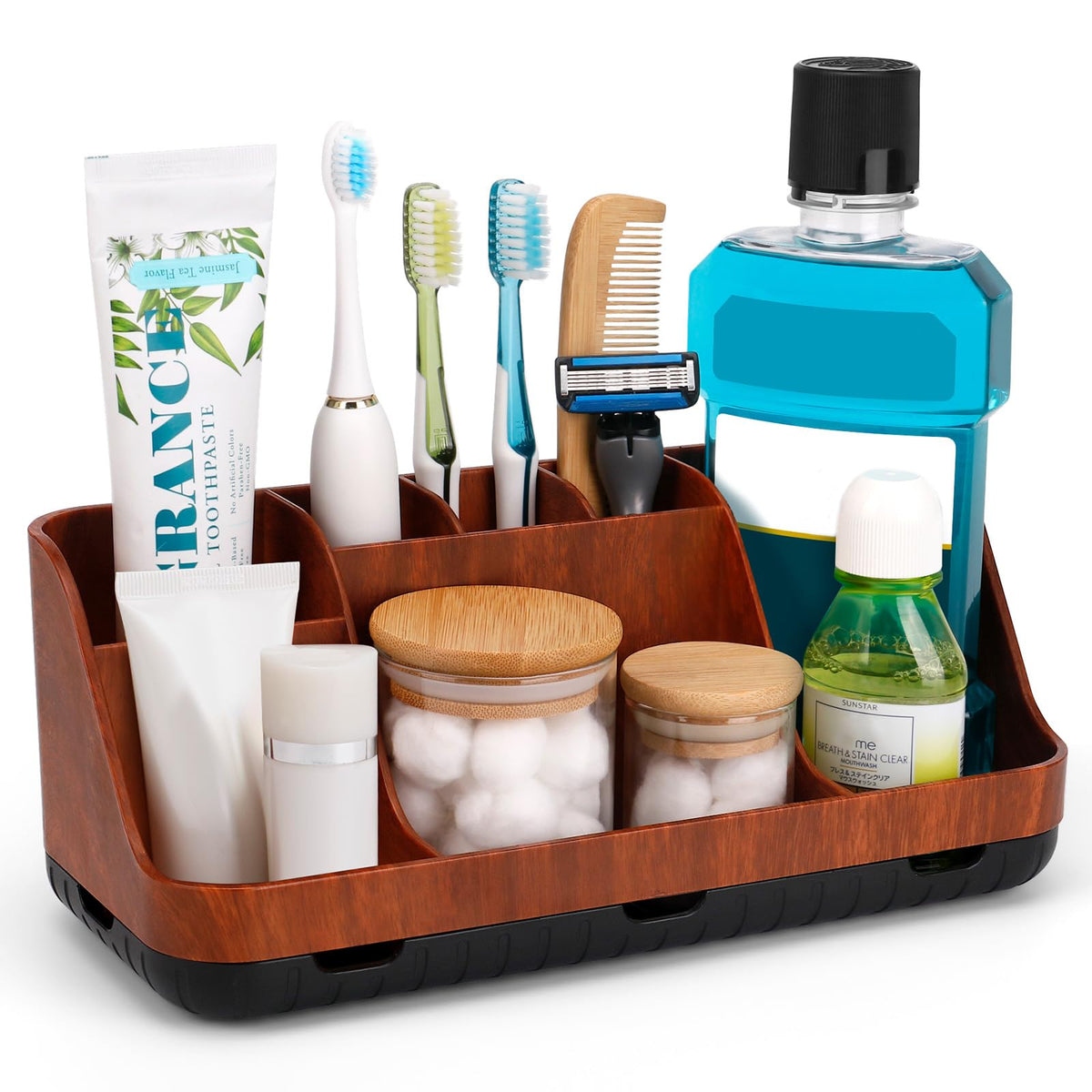 GFWARE bathroom organizer in red wood, wide shot showing 7-slot storage for essentials