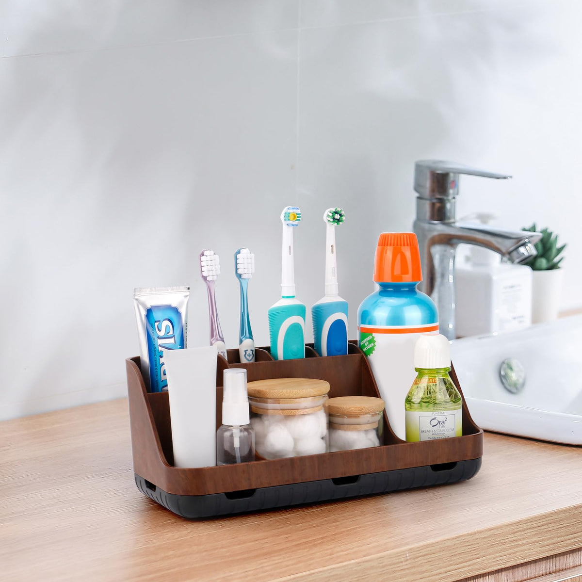 GFWARE bathroom organizer wood stand adds style while reducing countertop clutter.
