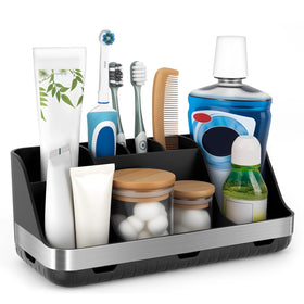 GFWARE black toothbrush holder with 7 slots for organized bathroom counter storage.