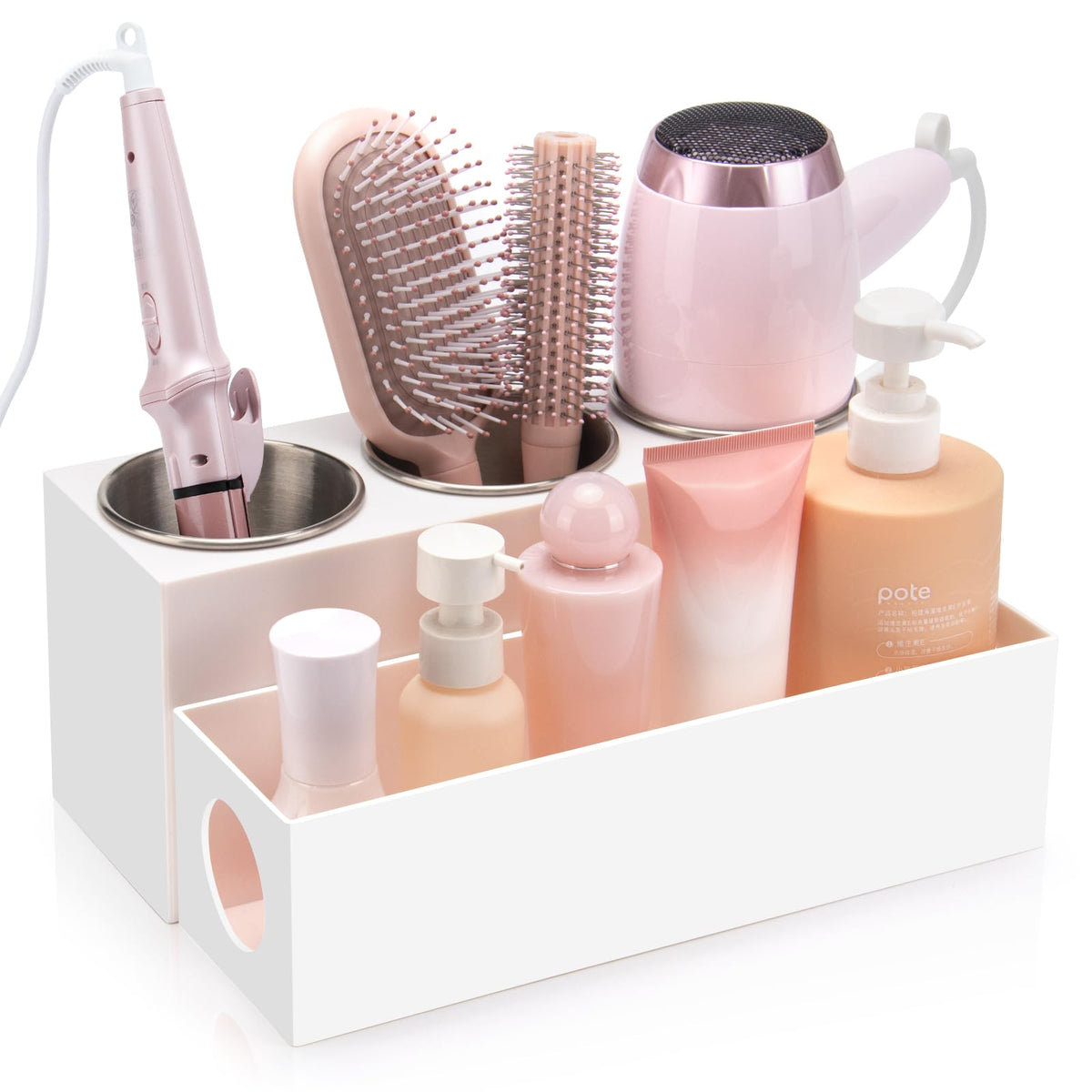 GFWARE hair tool organizer on bathroom vanity for neat storage.