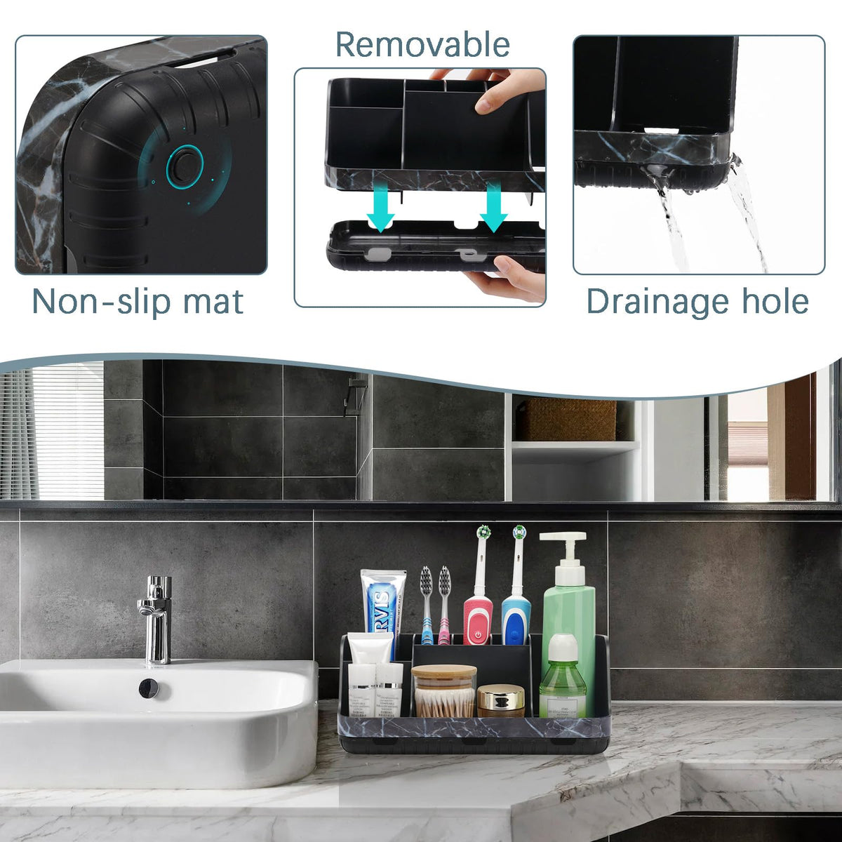GFWARE Marble Black Holder with anti-slip base on bathroom counter