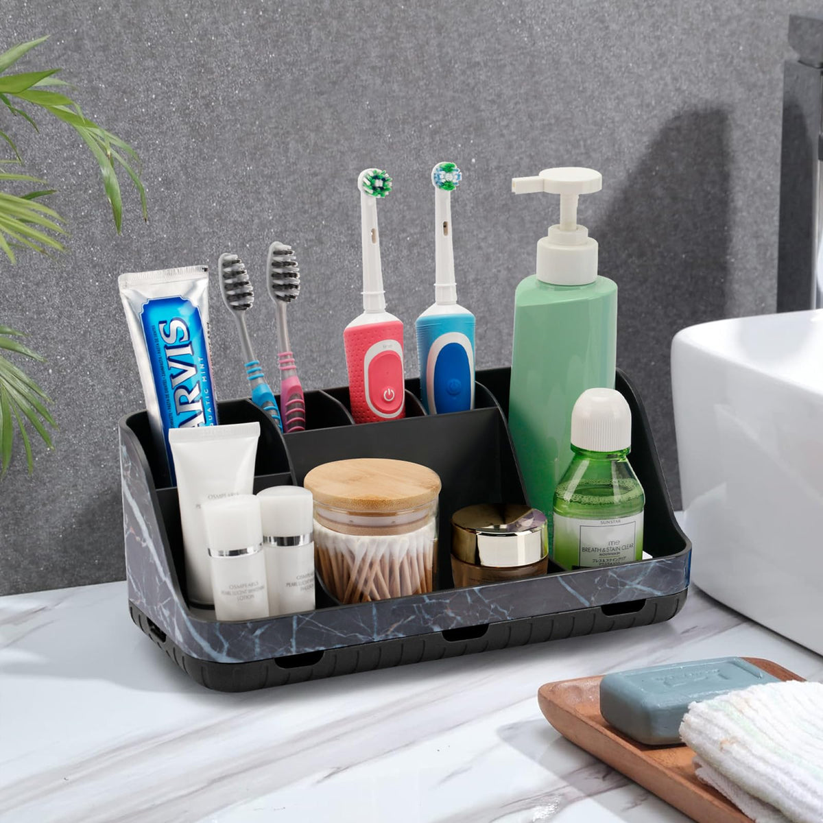 GFWARE Marble Black Toothbrush Holder placed on a vanity for clutter-free space