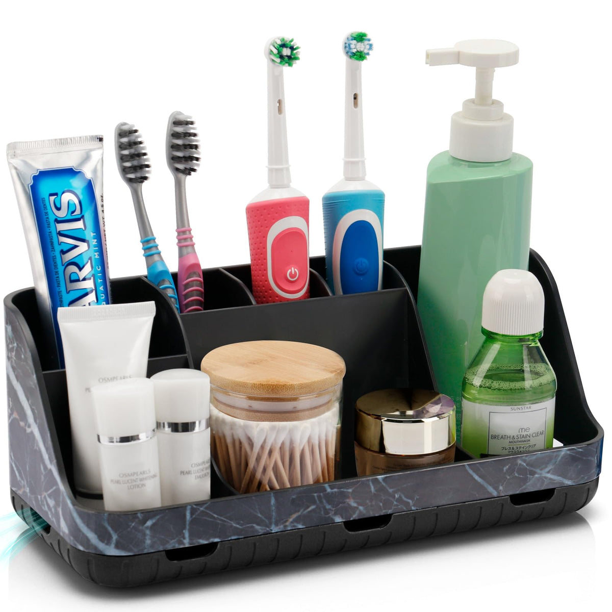 GFWARE Marble Black Toothbrush Holder on counter with two tiers for organized storage