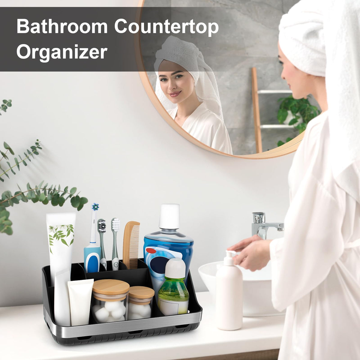 GFWARE matte black bathroom organizer on countertop keeps cosmetics and toothpaste tidy.