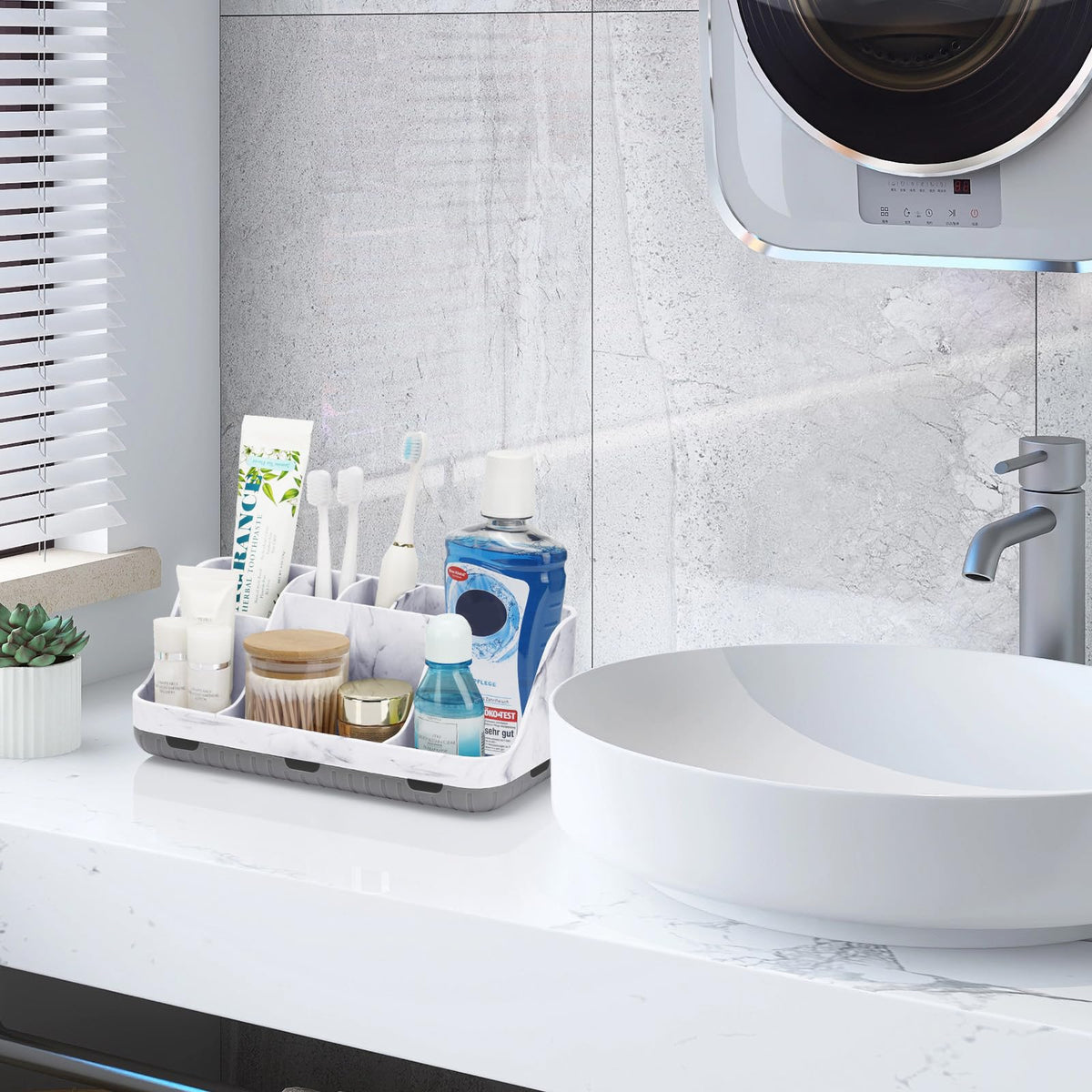 Multi-functional storage suitable for countertops, vanities, and small bathrooms