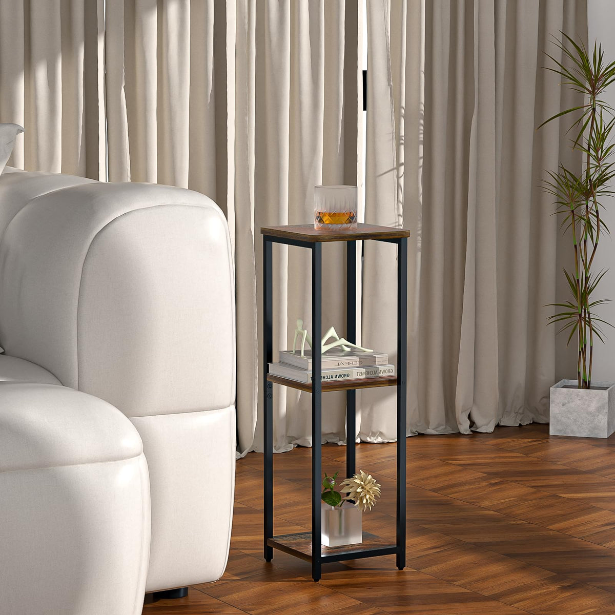 GHIMIGN 3-tier open shelf design supports plants, books, and beverages.