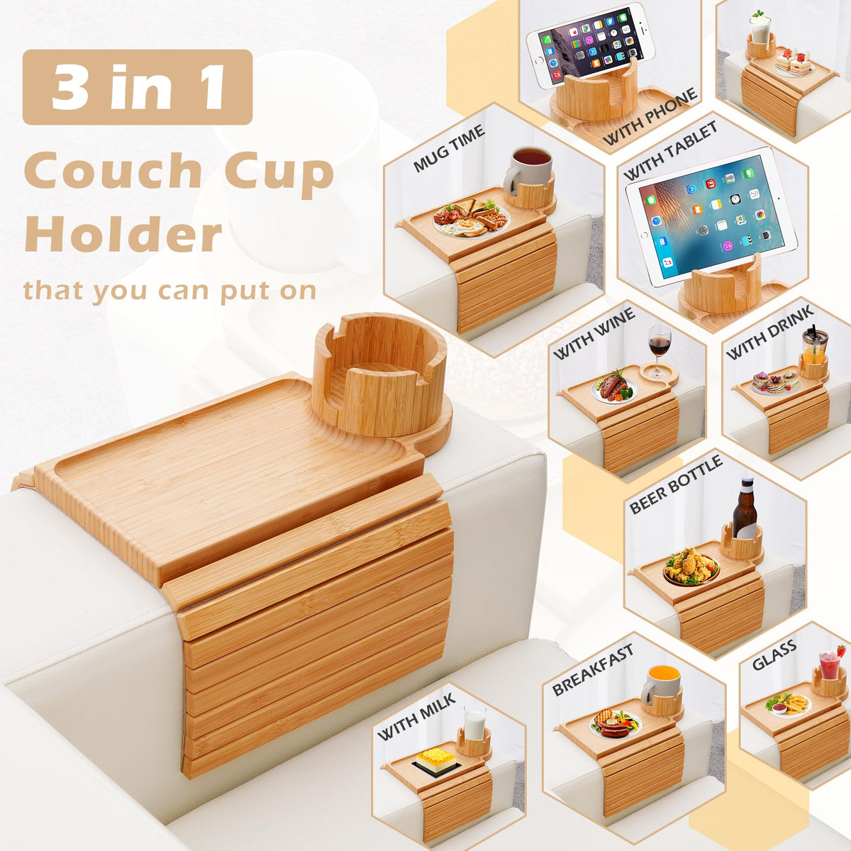 GHKINMAL clip-on sofa tray fits standard armrests up to 6.3 inches wide.