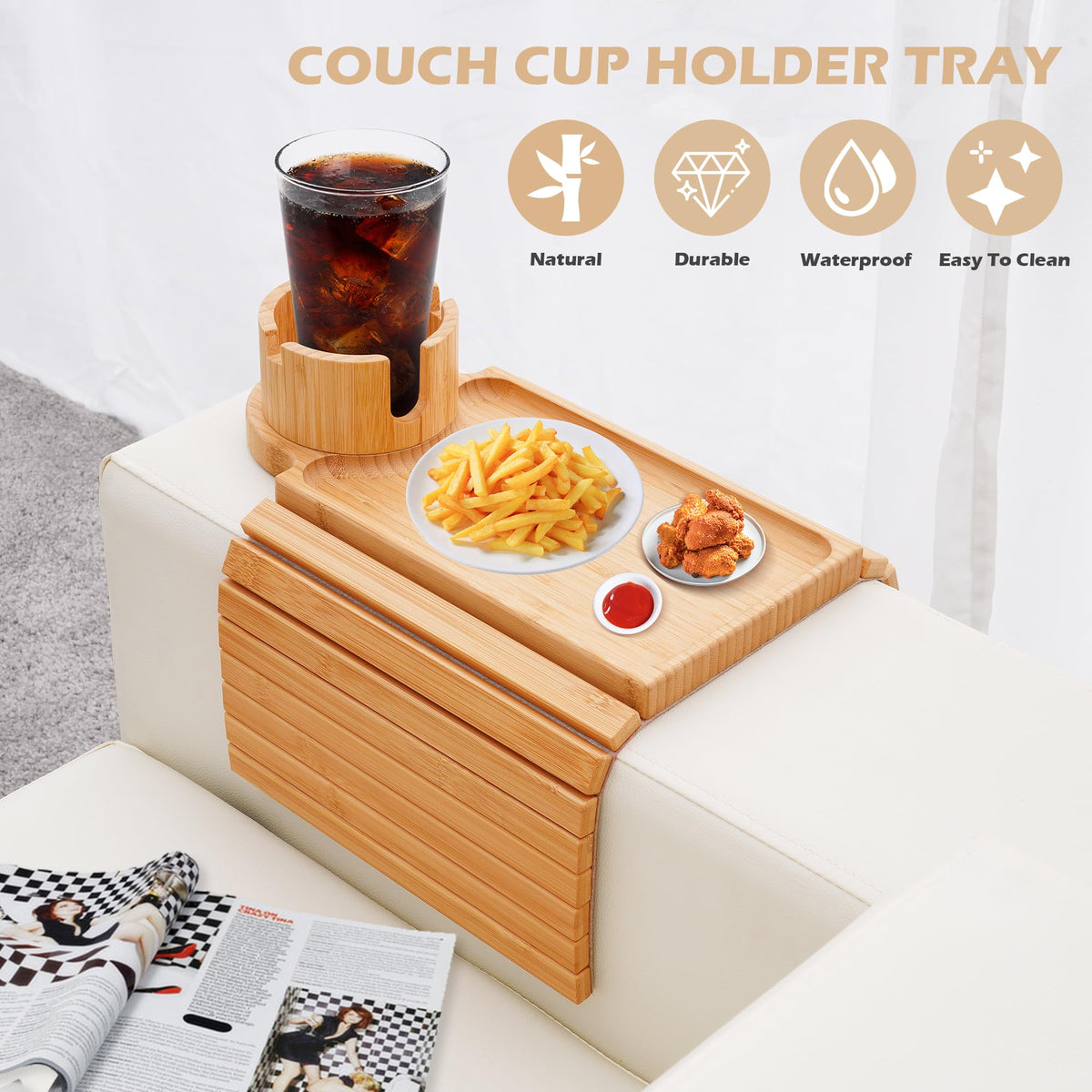 GHKINMAL large arm rest table offers space for snacks, remote, and tablet.
