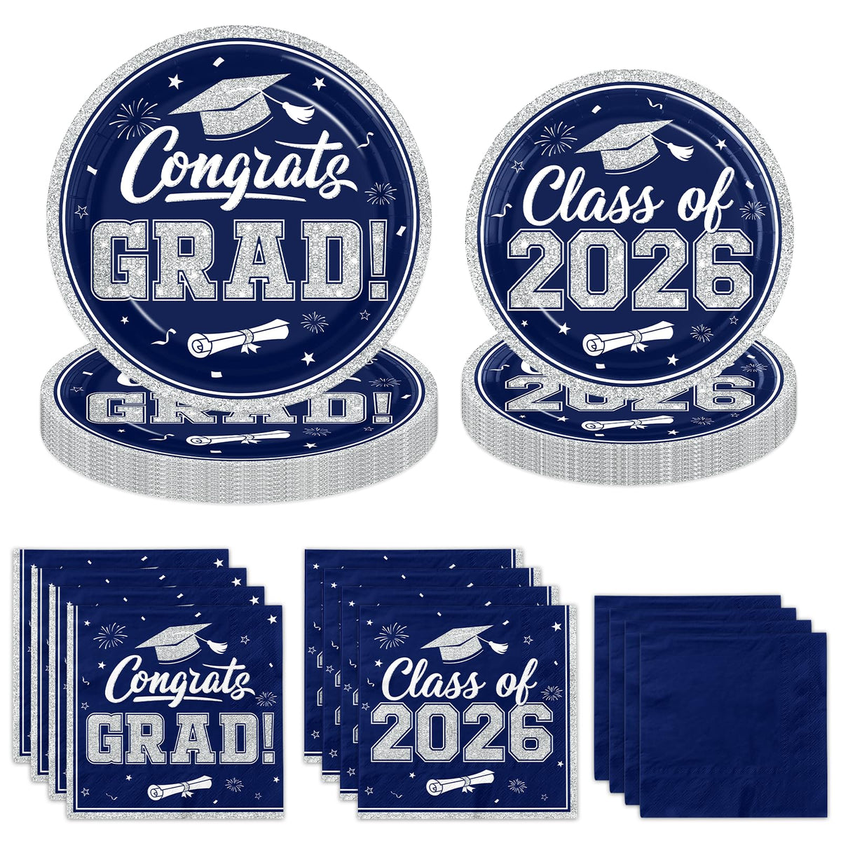 Ghokawu class of 2026 plates in navy-silver tones for an elegant graduation tablescape