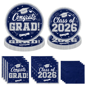 Ghokawu class of 2026 plates in navy-silver tones for an elegant graduation tablescape