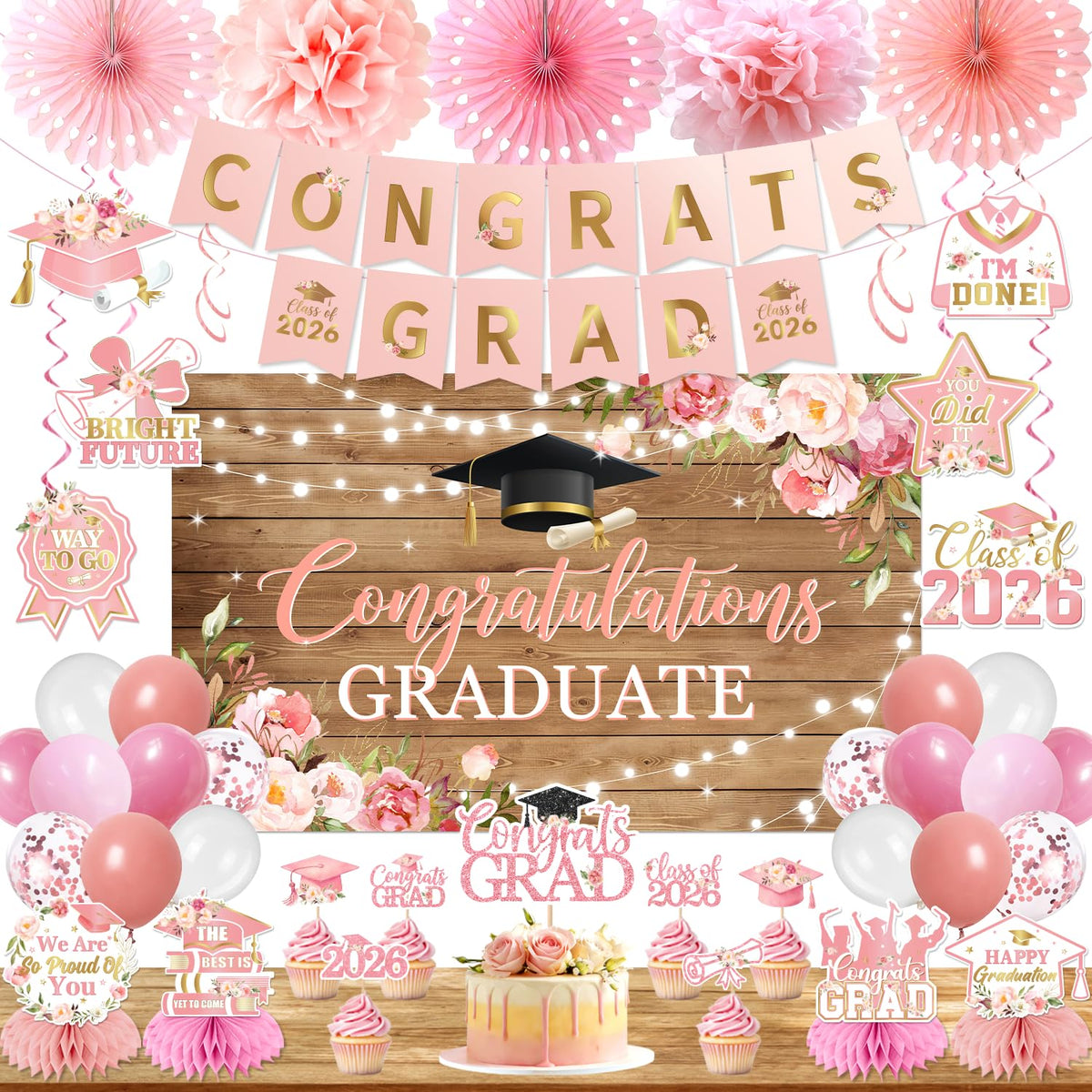 Ghokawu pink floral grad banner backdrop for photo worthy celebrations