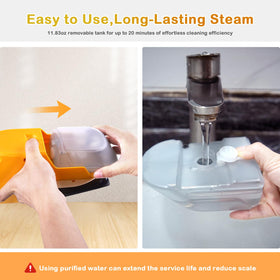 GHORA steam mop head with 180° sideways and 120° vertical movement for tight spots.