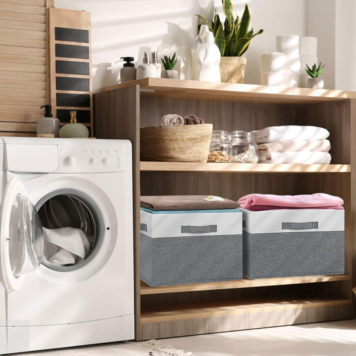 GhvyenntteS bin in laundry room for towels and supplies.