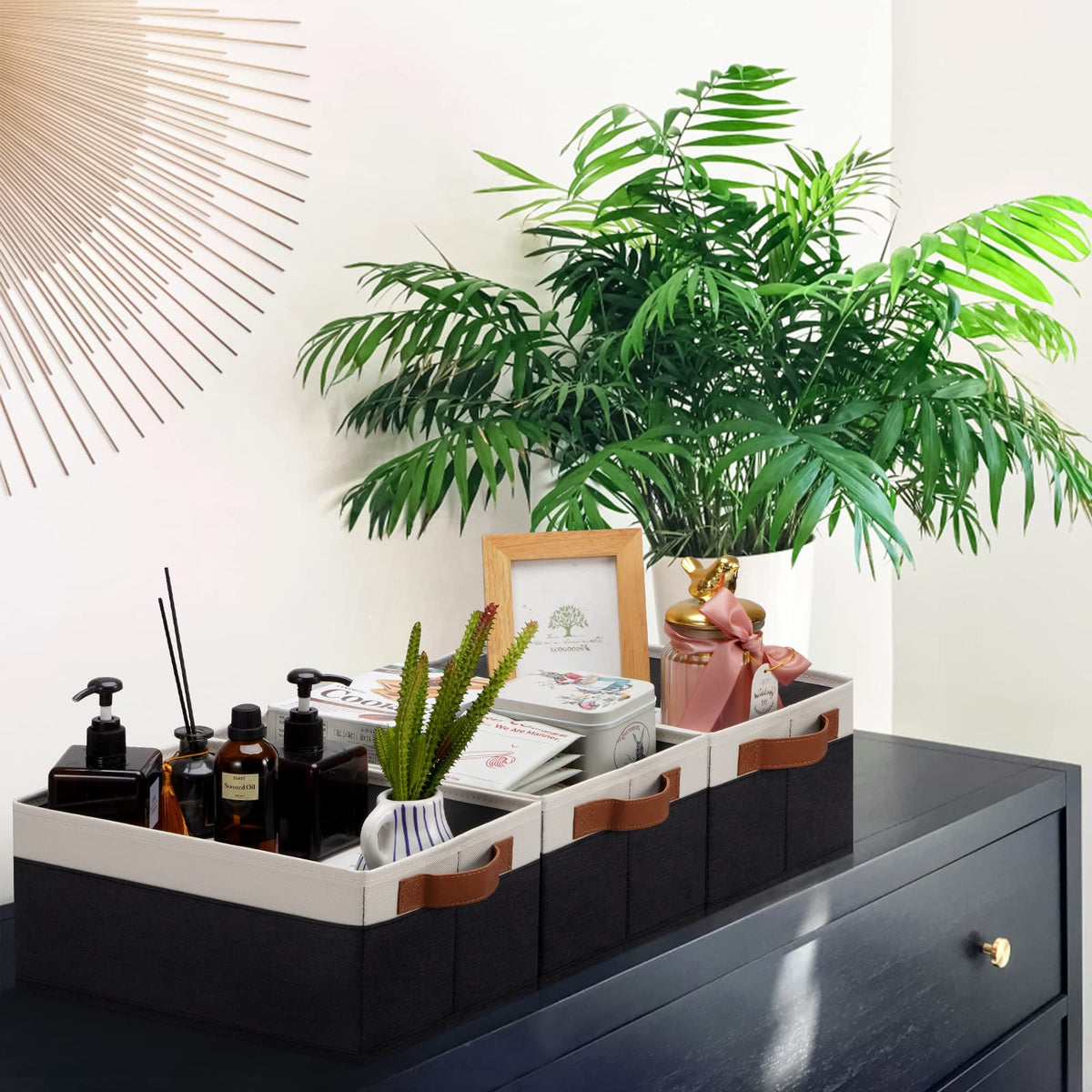 GhvyenntteS storage bin with leather handles for easy maneuvering