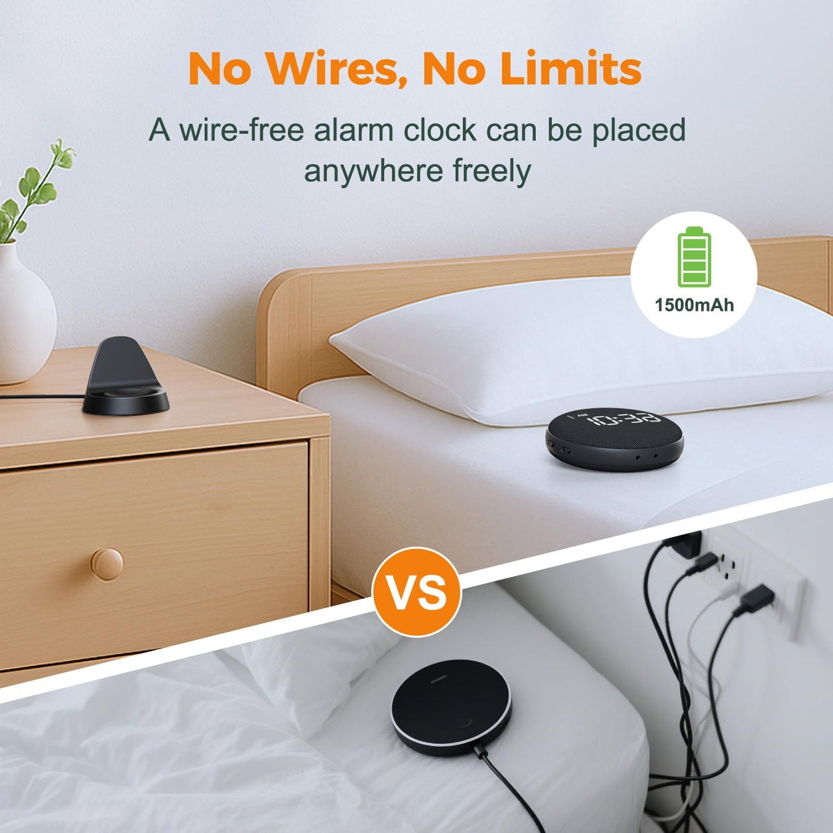 Gianna alarm clock with 1500mAh battery for hours away from outlets.