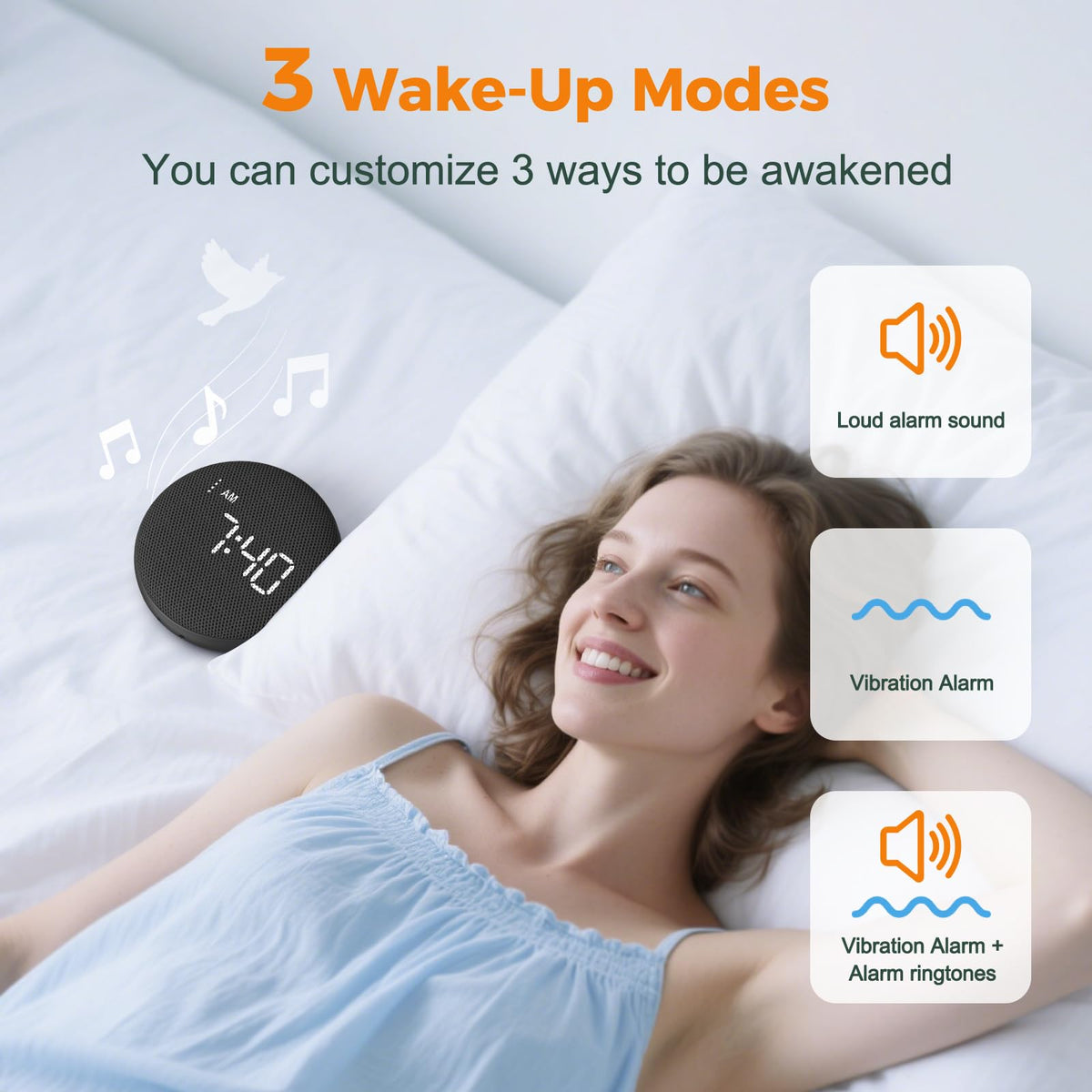 Gianna alarm clock with three wake modes to tailor mornings.