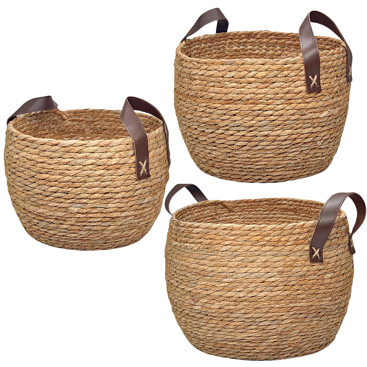 GIB round wicker basket 13-inch with leather handle for stylish living room storage.