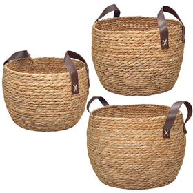 GIB round wicker basket 13-inch with leather handle for stylish living room storage.