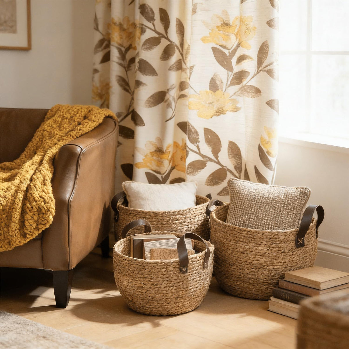 GIB seagrass basket close-up with durable leather handles.
