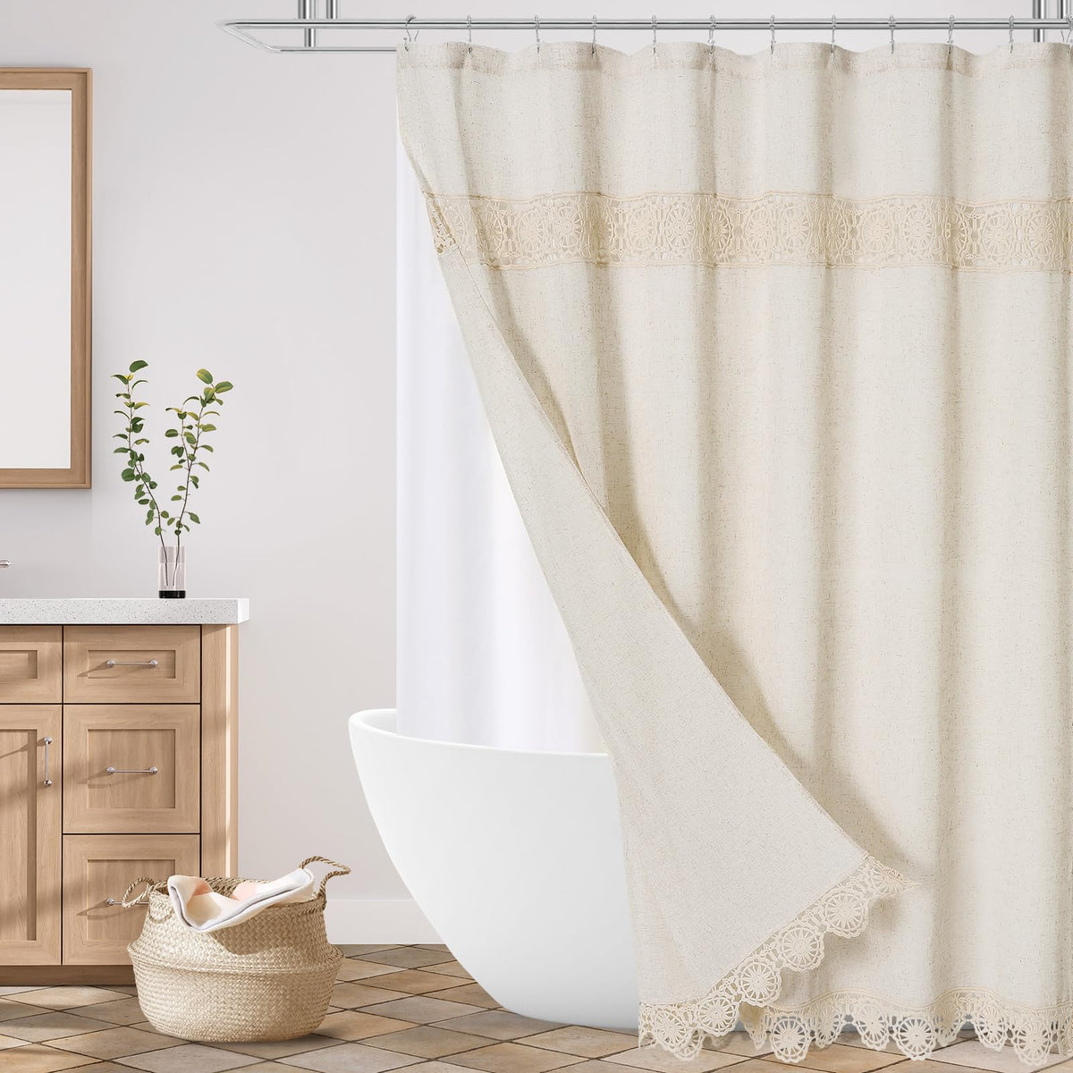 Gibelle boho farmhouse curtain with linen-lace detail adds texture and refined charm to your bathroom