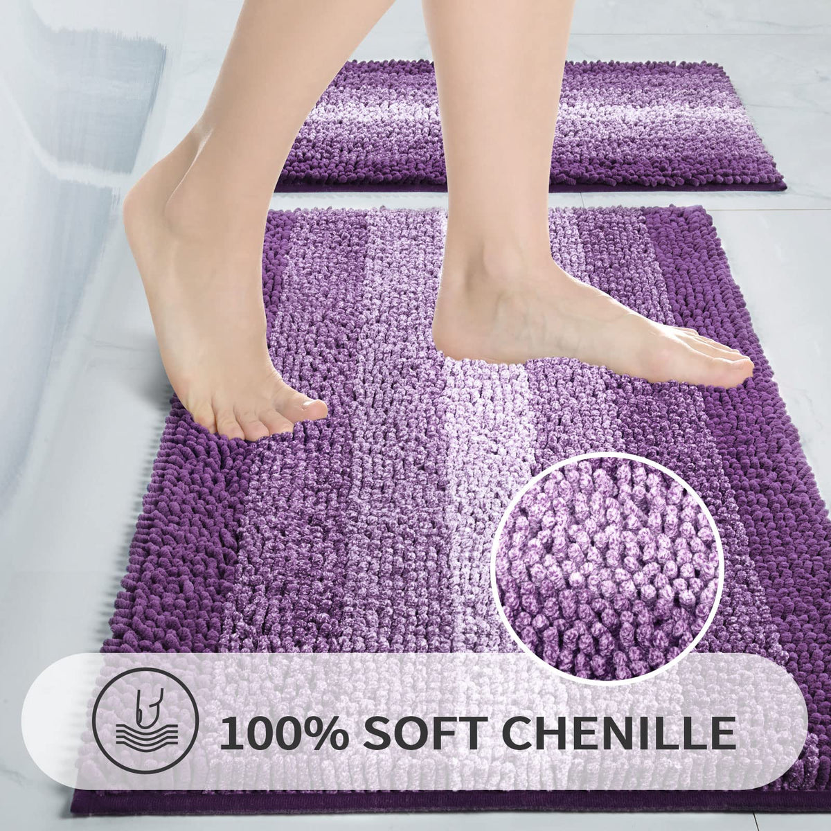 Gibelle purple rug texture close-up showing ultra-soft chenille for feet.