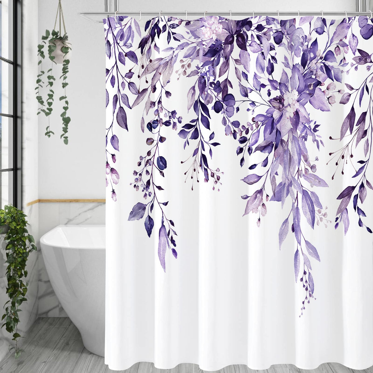 Gibelle purple eucalyptus shower curtain close-up leaves for a refreshing bathroom ambiance.