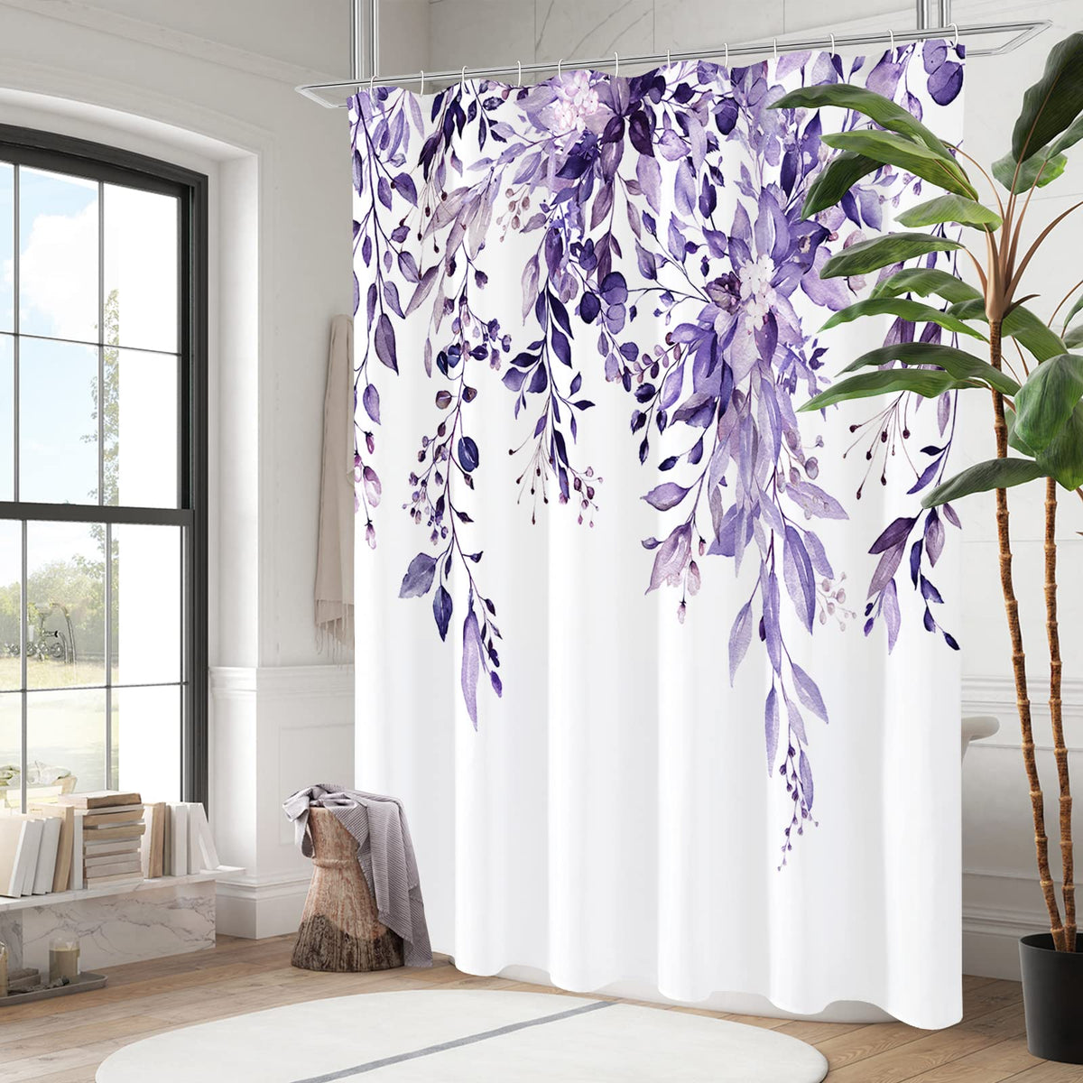Gibelle purple eucalyptus shower curtain vibrant print on leaves for a lively bathroom mood.