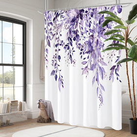 Gibelle purple eucalyptus shower curtain vibrant print on leaves for a lively bathroom mood.