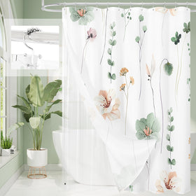 Gibelle sage green watercolor curtain with calming botanical design for a refreshed bathroom