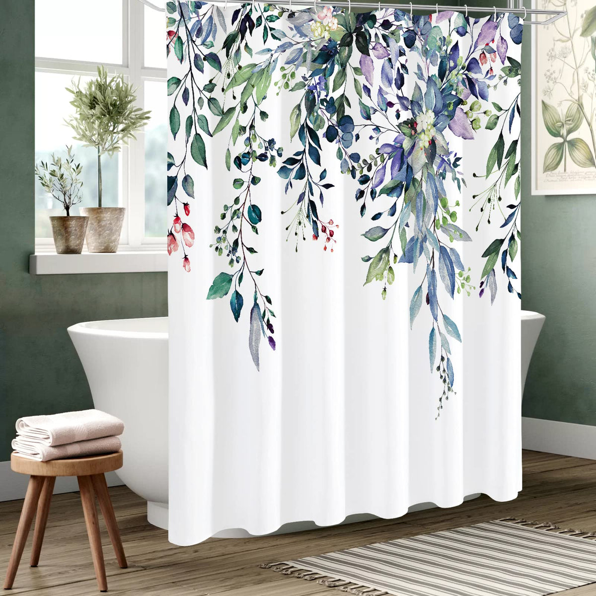 Gibelle Spring Floral Shower Curtain close-up of eucalyptus leaves adds vibrant color.