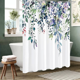Gibelle Spring Floral Shower Curtain close-up of eucalyptus leaves adds vibrant color.