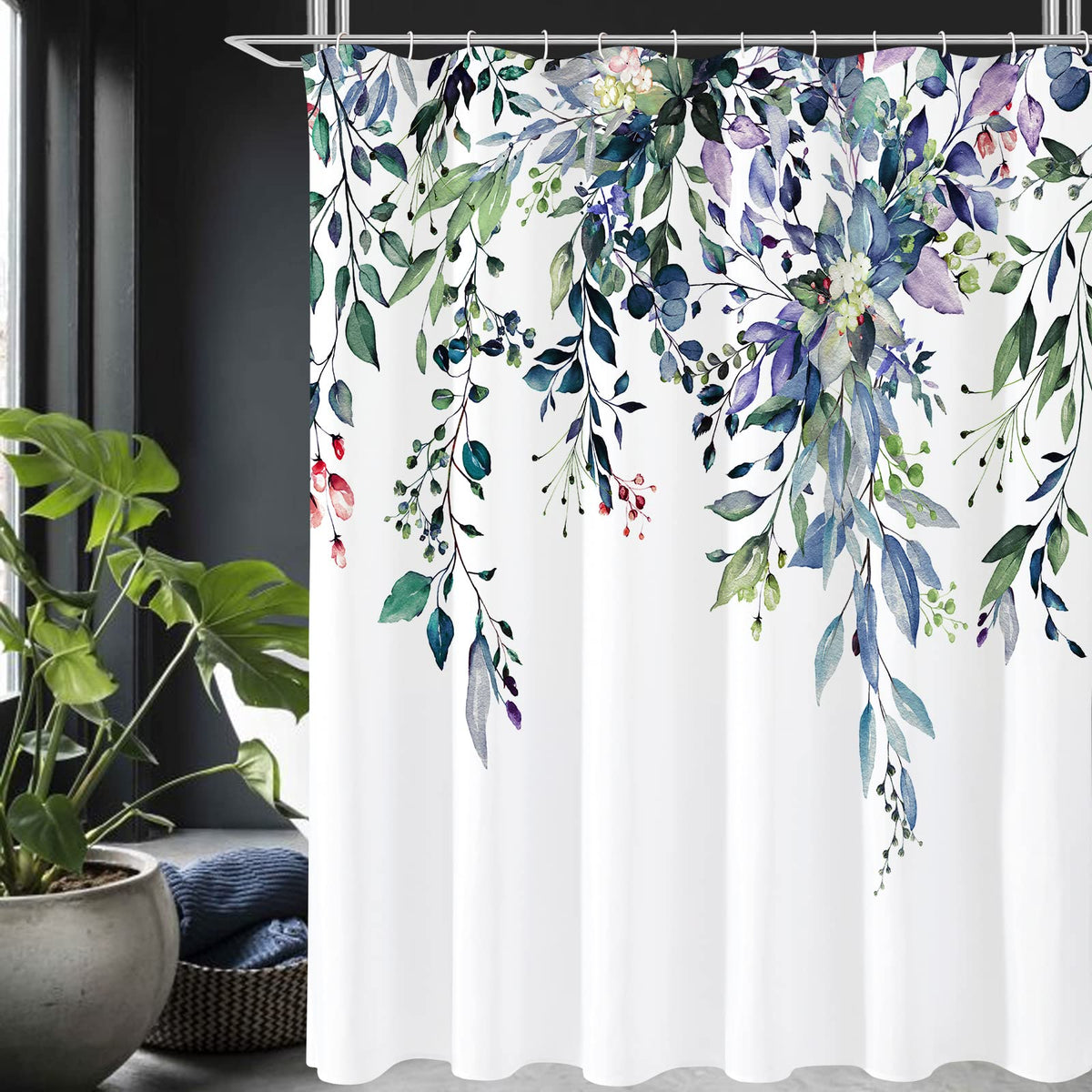 Gibelle Spring Floral Shower Curtain with watercolor leaves enhances bathroom decor.