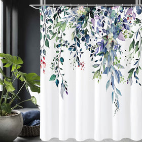 Gibelle Spring Floral Shower Curtain with watercolor leaves enhances bathroom decor.