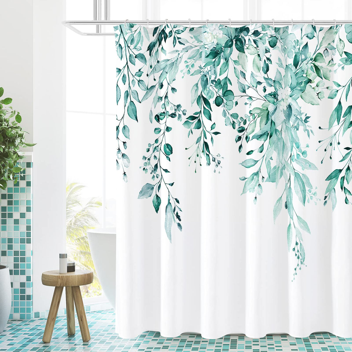 Gibelle Teal Eucalyptus shower curtain front view brightens bathroom decor
