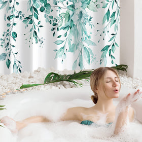Gibelle Teal Eucalyptus curtain pattern closeup reveals vibrant leaves and detail