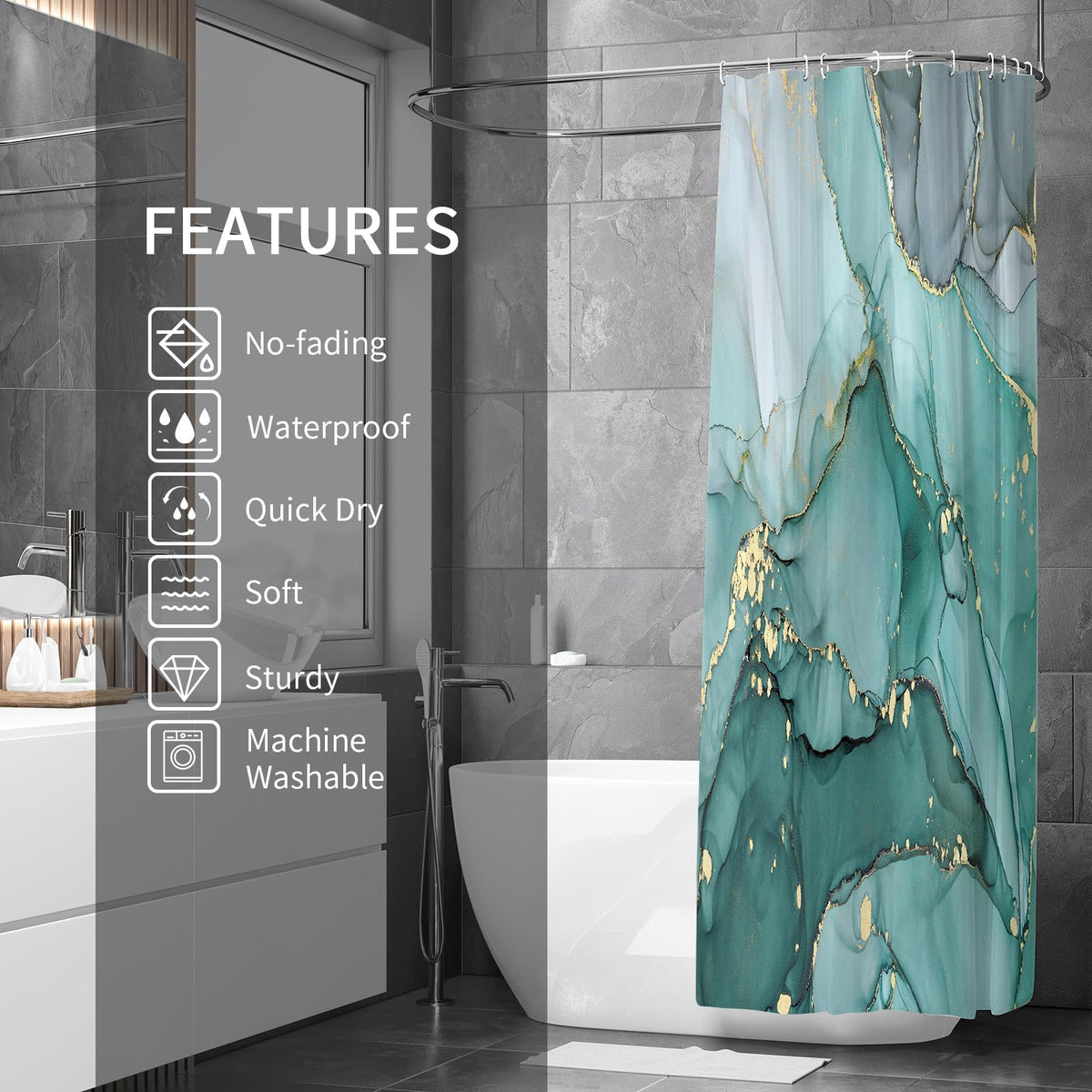 Gibelle teal marble pattern shower curtain adds contemporary style and waterproof protection