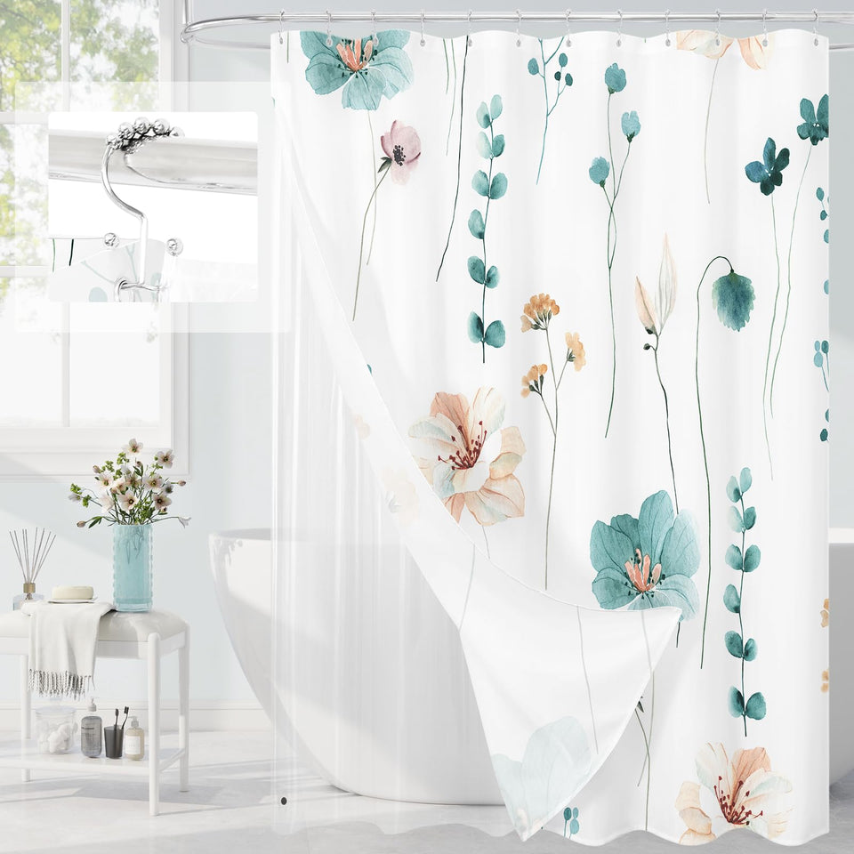 Gibelle teal watercolor floral curtain adds vibrant style and moisture-repellent protection to your bath.