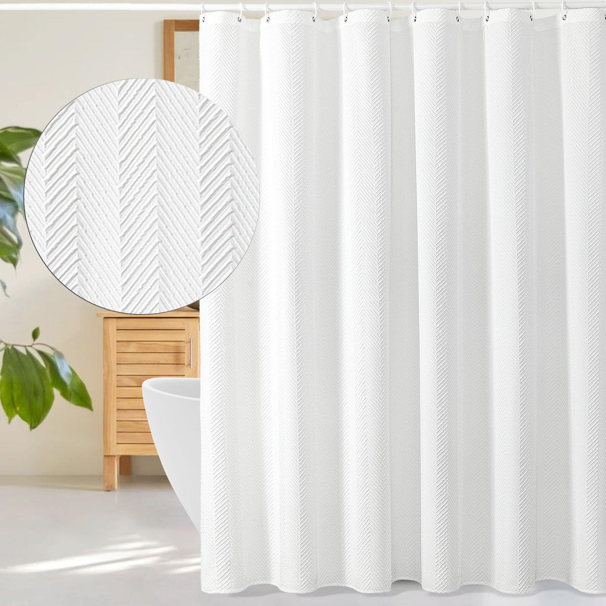Gibelle white shower curtain with 3D embossed texture enhancing ambiance and privacy