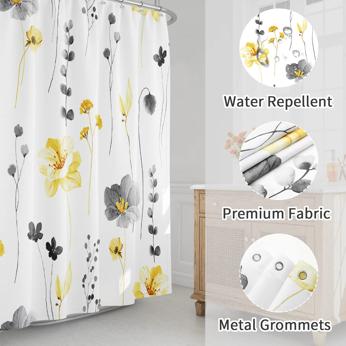 Gibelle curtain hangs in a bathroom, enhancing minimalist space with calm tones