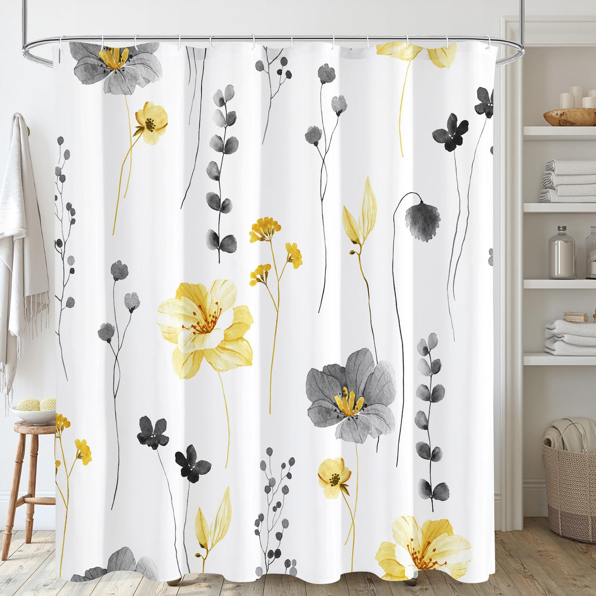 Gibelle shower curtain with yellow and grey florals for a fresh bathroom look