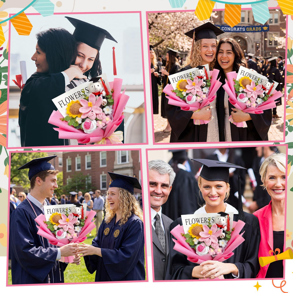 Giegxin graduation bear wearing cap completes the pink bouquet.