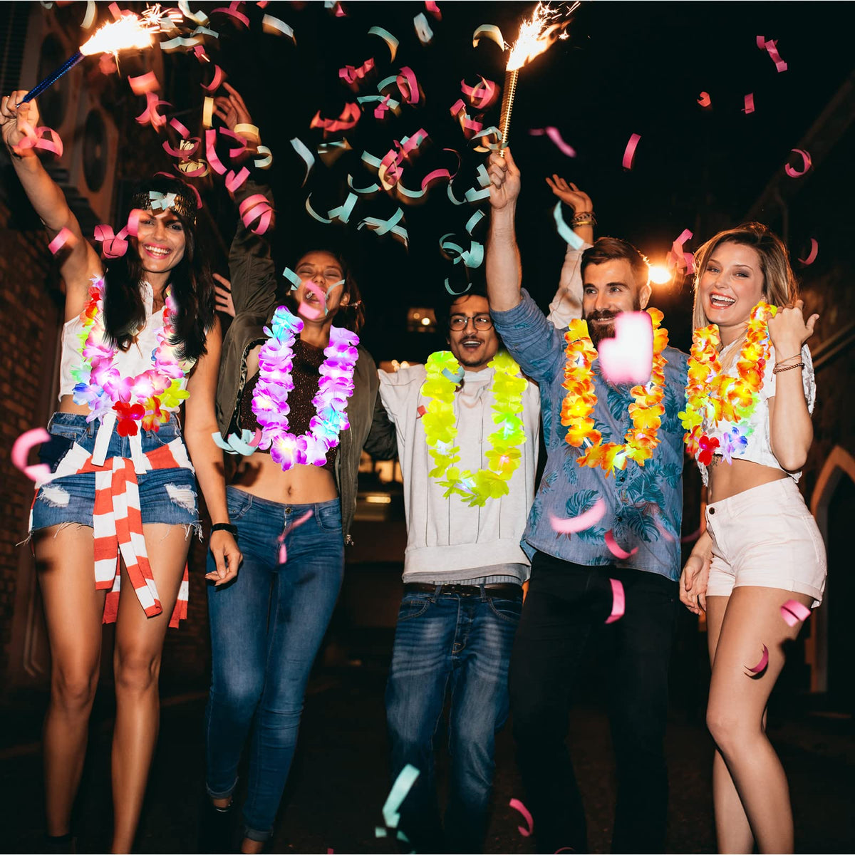Giegxin festival scene featuring glowing leis at night