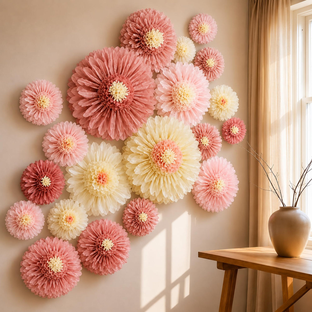 Giegxin pink 31.5-inch giant paper flower as a dramatic wall backdrop.