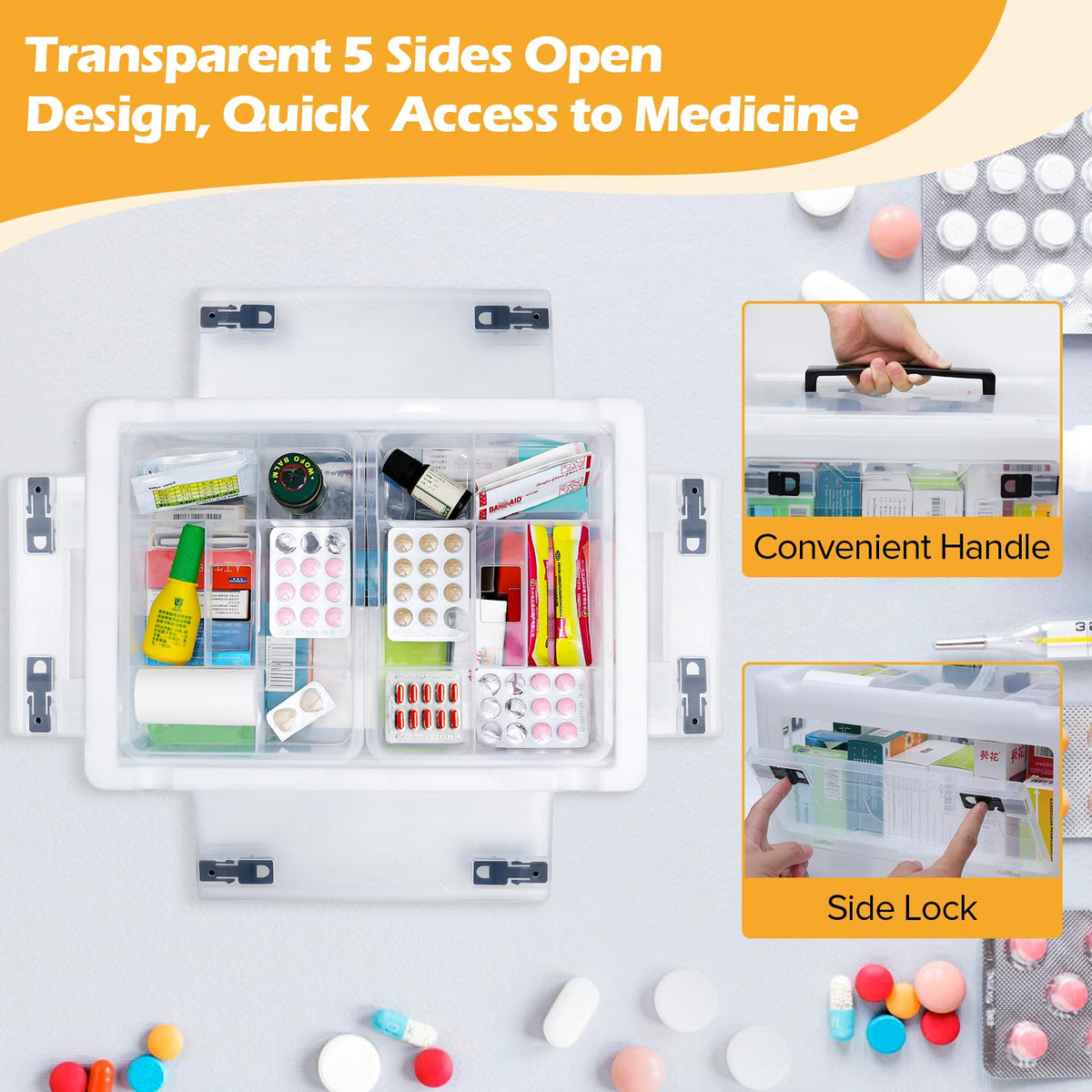 Gifhomfix removable tray first aid box enables quick access to small supplies.