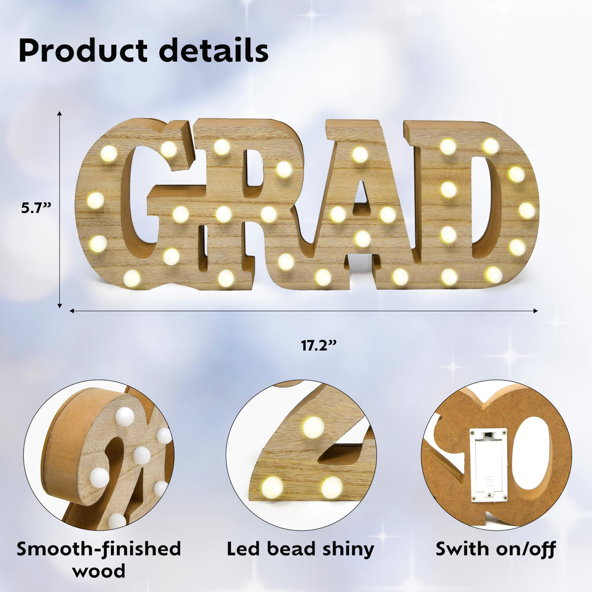 Gift Boutique wooden GRAD sign accents dessert table with soft illumination