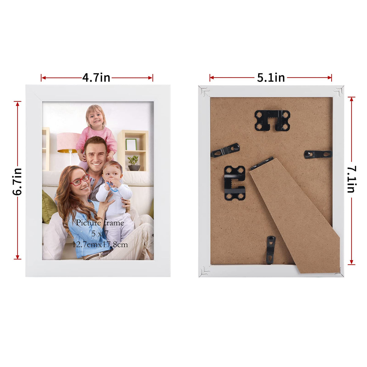 Giftgarden white woodgrain 5x7 frame back shows easy swap via clips.
