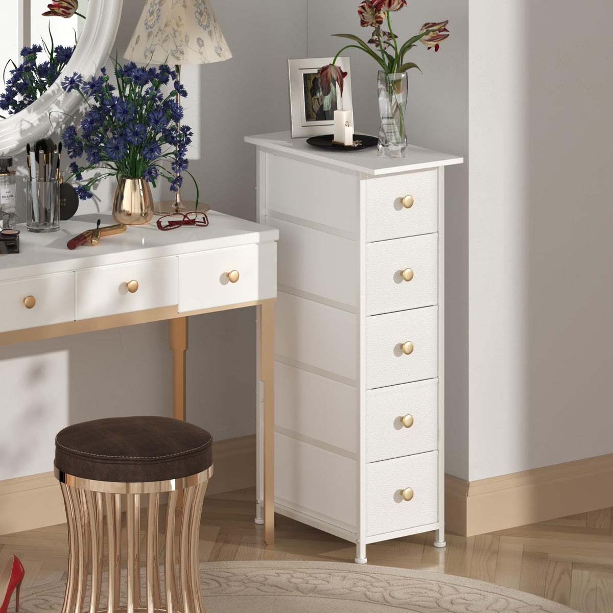 GiftGo slim dresser cabinet with fabric drawers stores accessories neatly in a closet.
